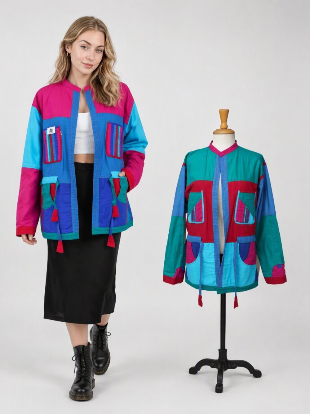 Vintage 90's Womens Fairtrade Colorblock Reversible Cotton Jacket Purse XL